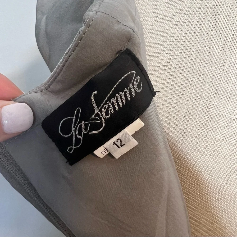 La Femme dress 25206 Pewter surplice off the shoulder column Gown 12 - Picture 8 of 9